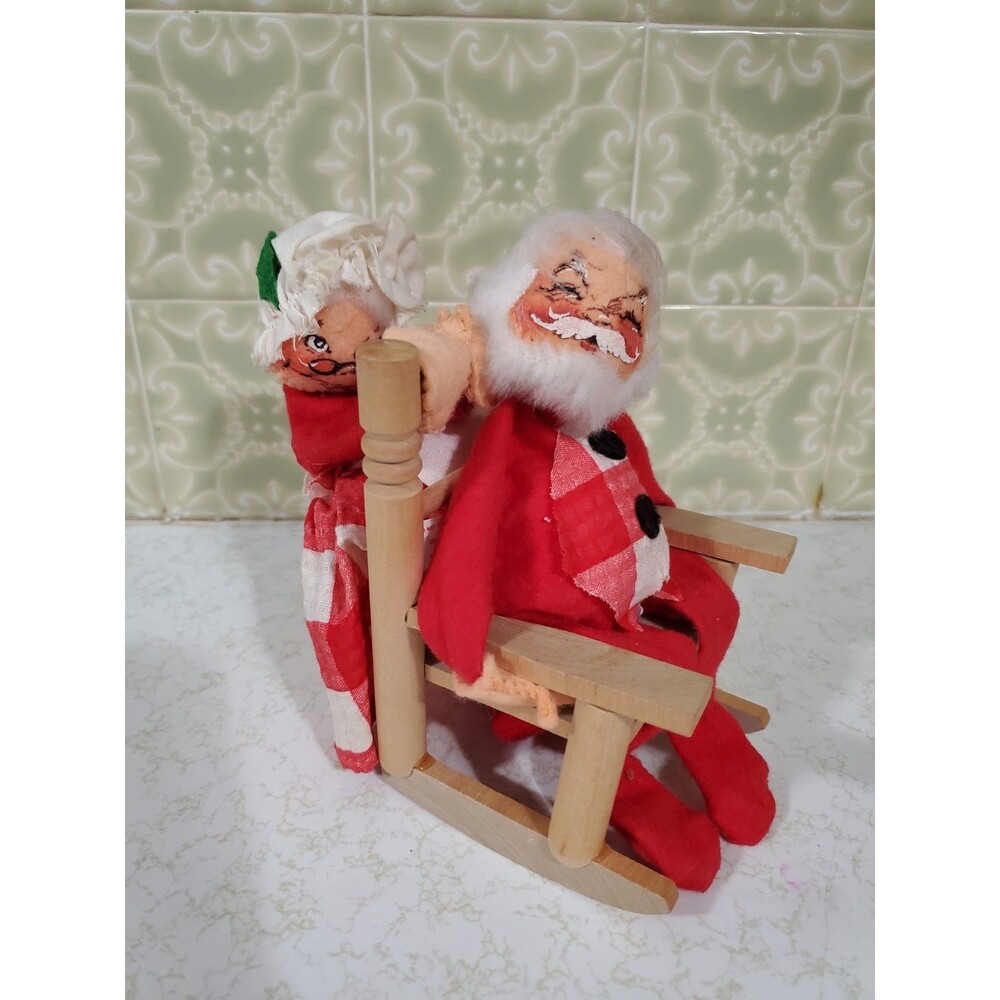 Vintage 1971 Annalee Christmas Santa & Mrs. Claus Dolls in Wooden Rocking Chair